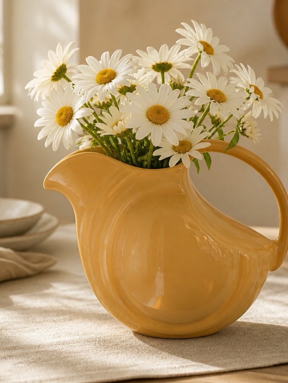 Vintage Yellow Hall Pitcher Styled with Daisies